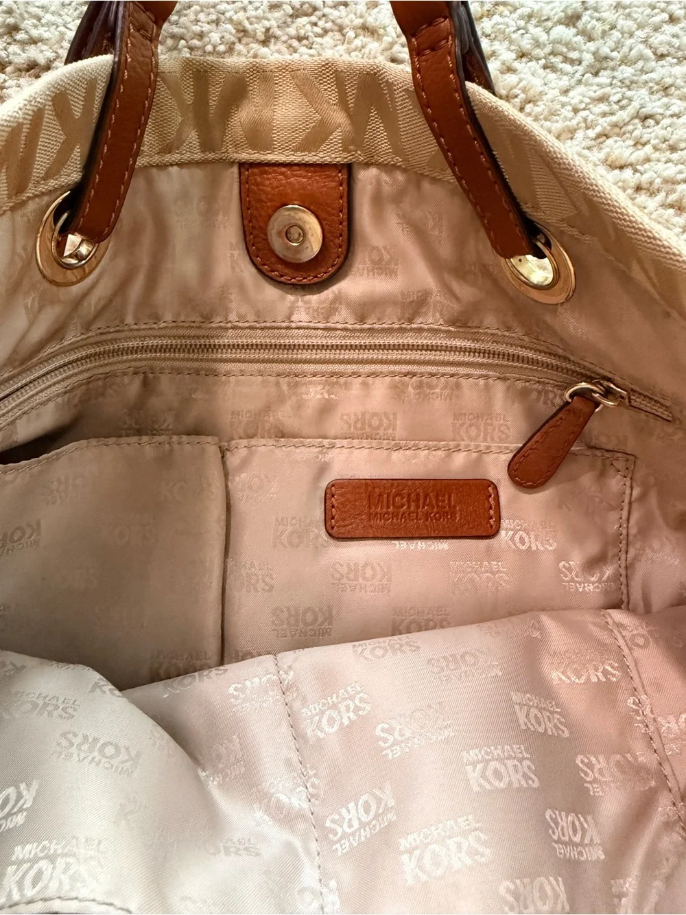 Michael Kors Beige MK Logo Canvas & Leather Tote Bag